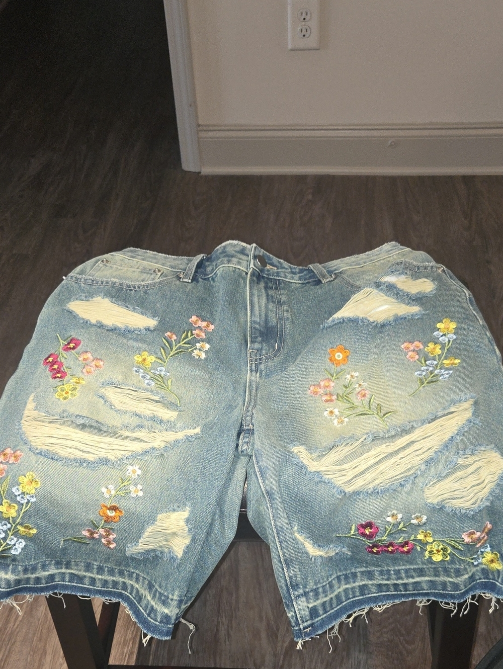 Fashion Nova Distressed Light Blue Embroidered Boyfriend Jeans Shorts